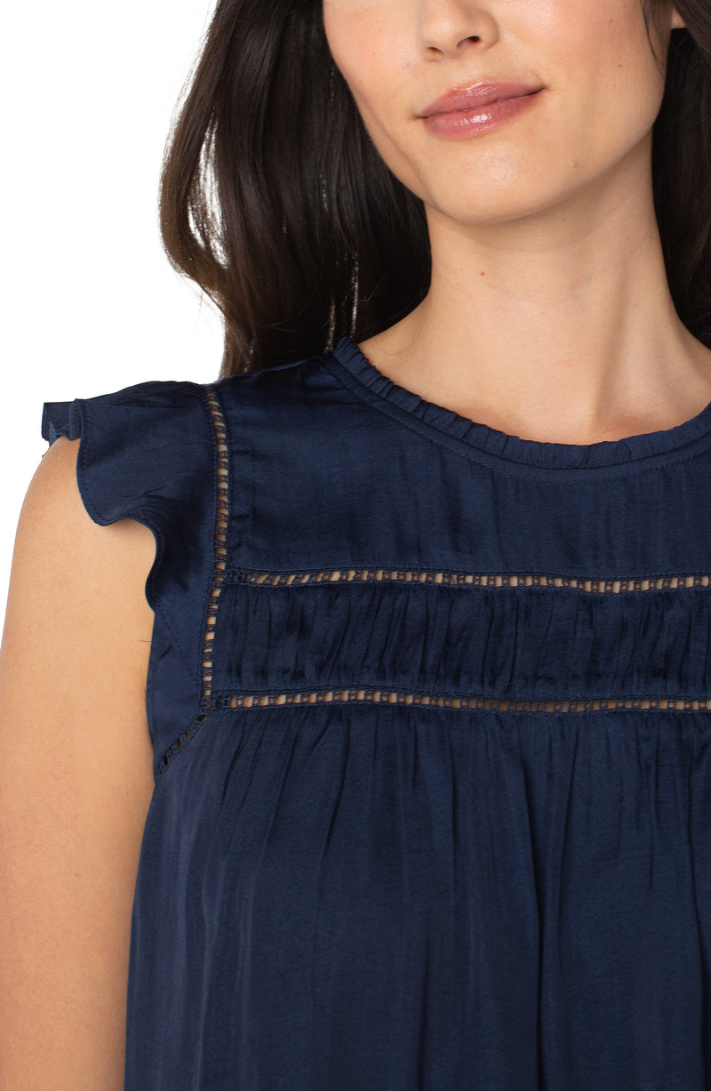 Liverpool Flutter Sleeve Woven Top w/ Trim Detail - Dark Navy