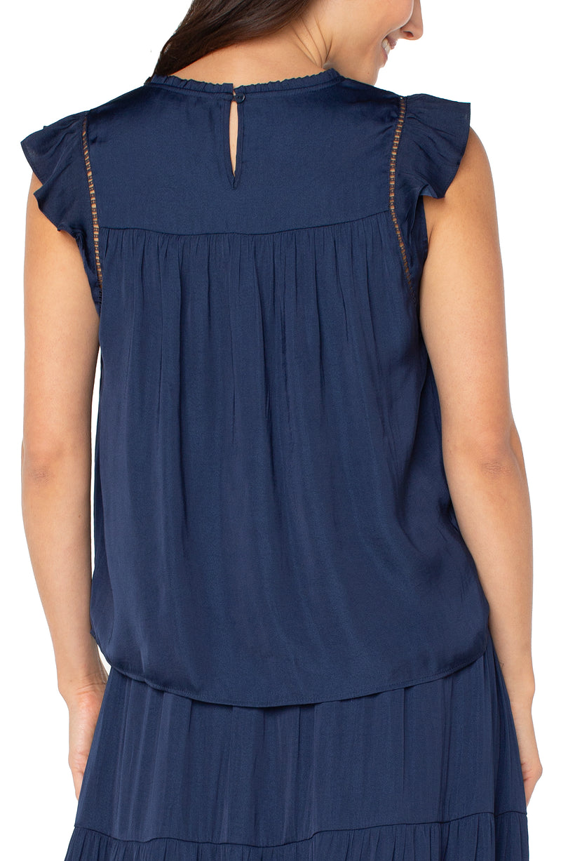 Liverpool Flutter Sleeve Woven Top w/ Trim Detail - Dark Navy