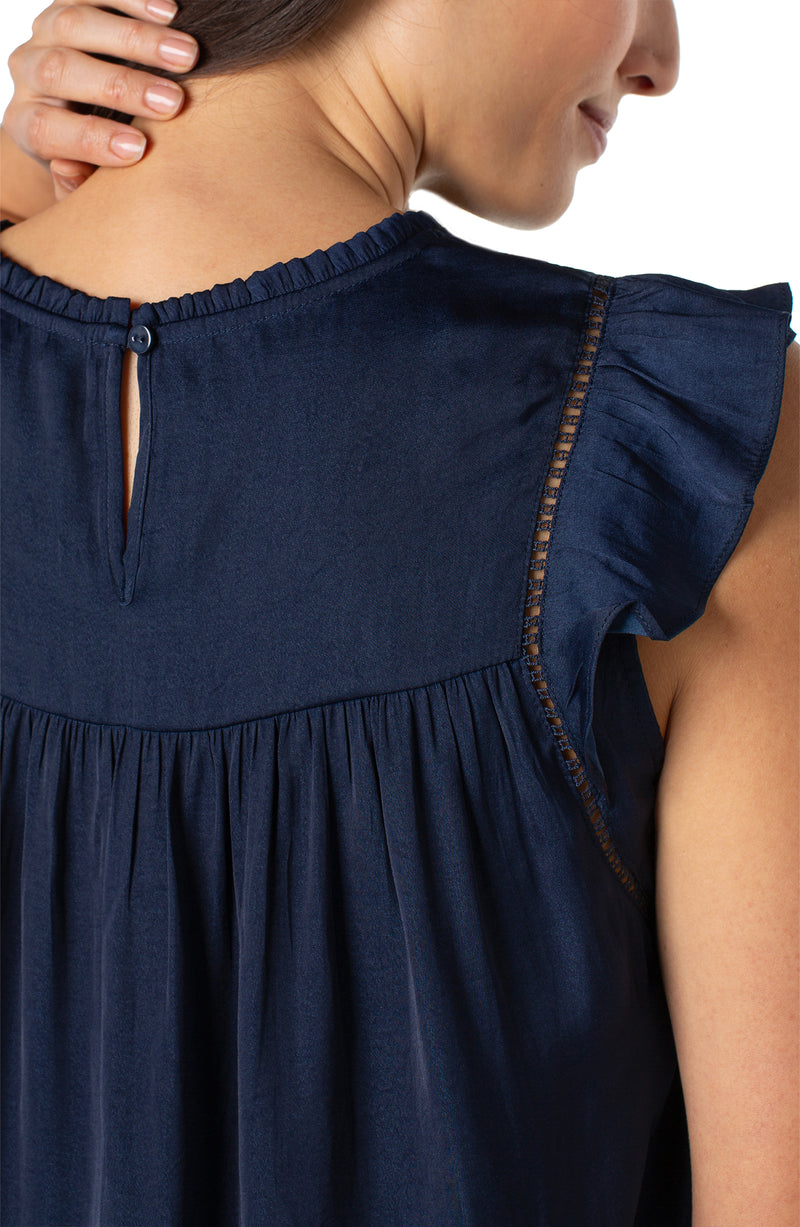 Liverpool Flutter Sleeve Woven Top w/ Trim Detail - Dark Navy
