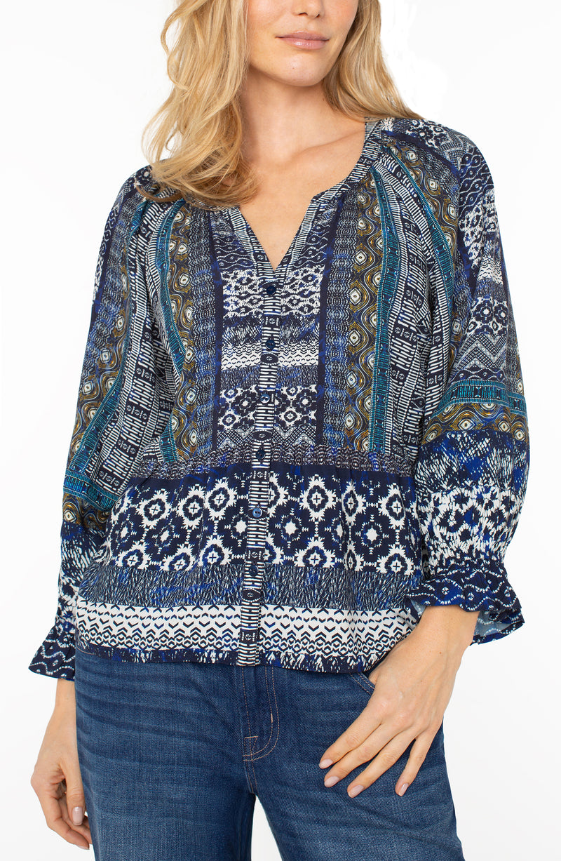 Liverpool 3/4 Sleeve Button Front Woven Blouse - Blue Shibori Multi