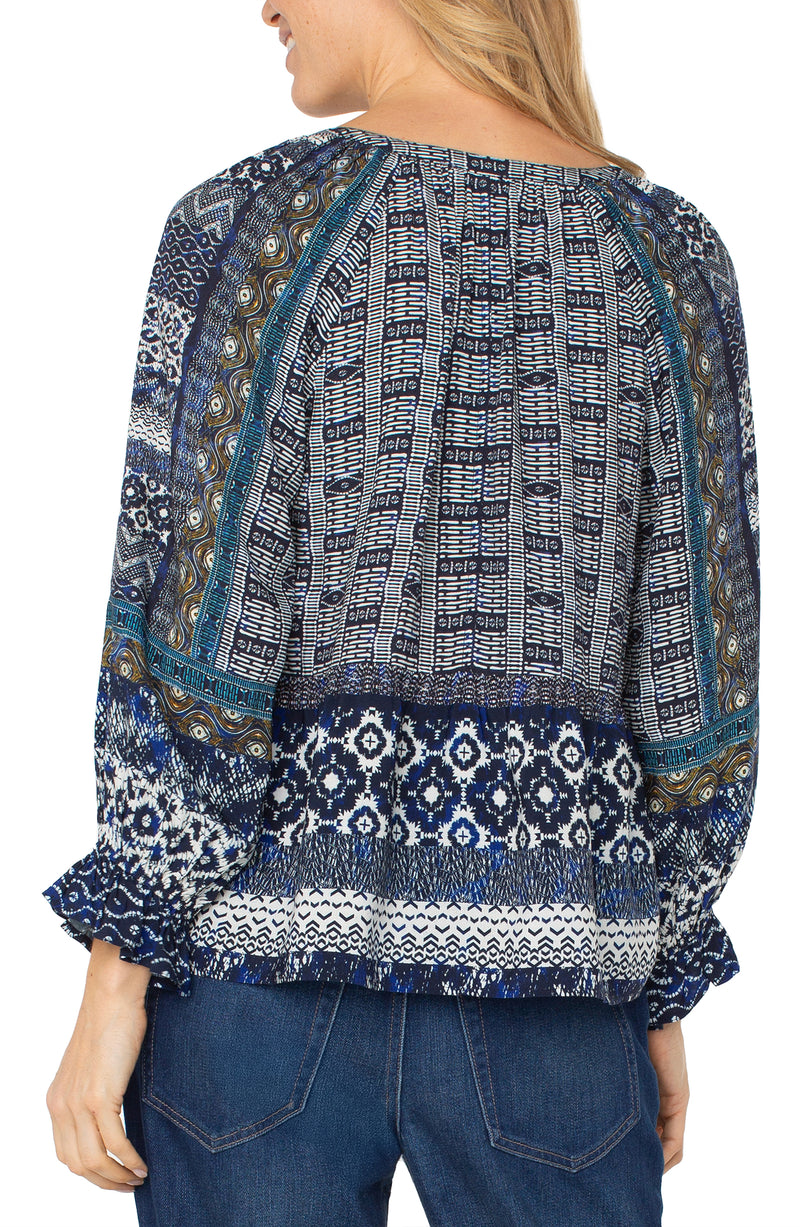 Liverpool 3/4 Sleeve Button Front Woven Blouse - Blue Shibori Multi