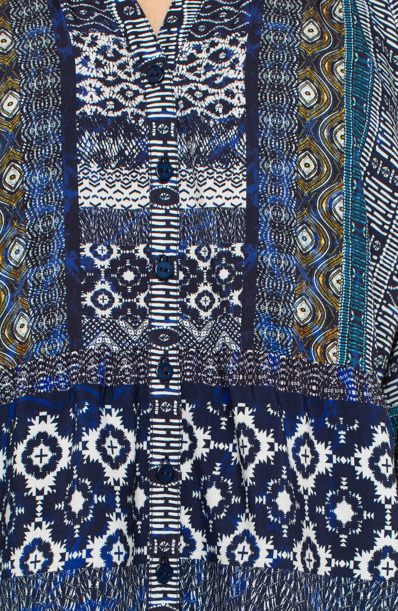 Liverpool 3/4 Sleeve Button Front Woven Blouse - Blue Shibori Multi