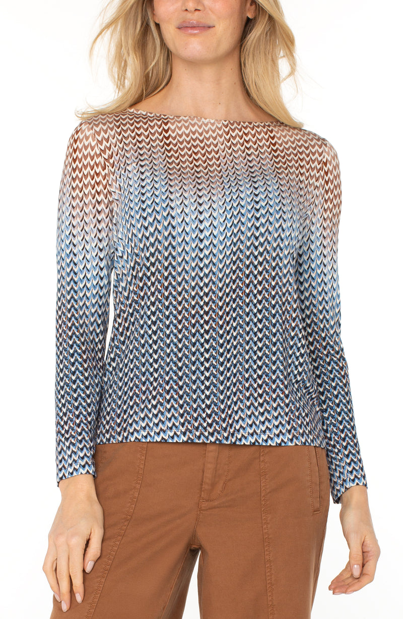 Liverpool Long Sleeve Boat Neck Knit Top - Blue/Tan Multi