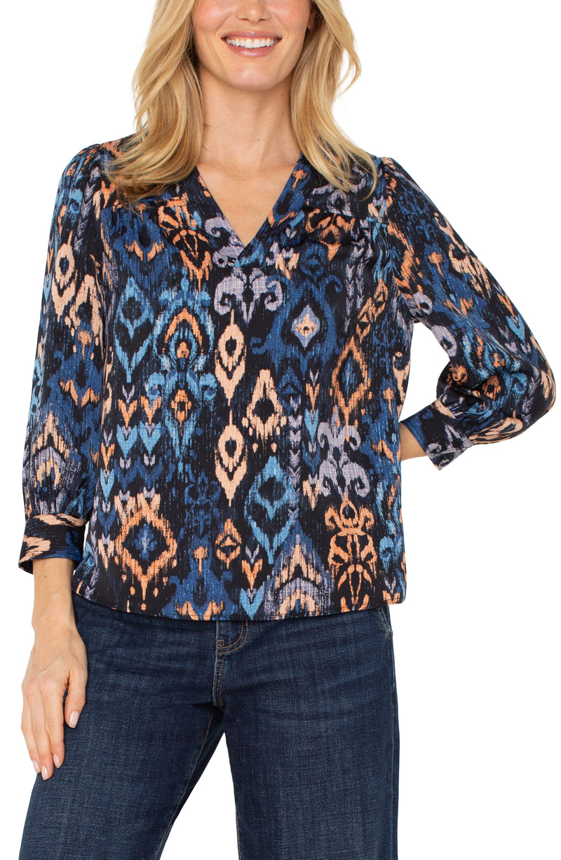 Liverpool 3/4 Sleeve V-Neck Popover Woven Blouse - Blue Multi Ikat