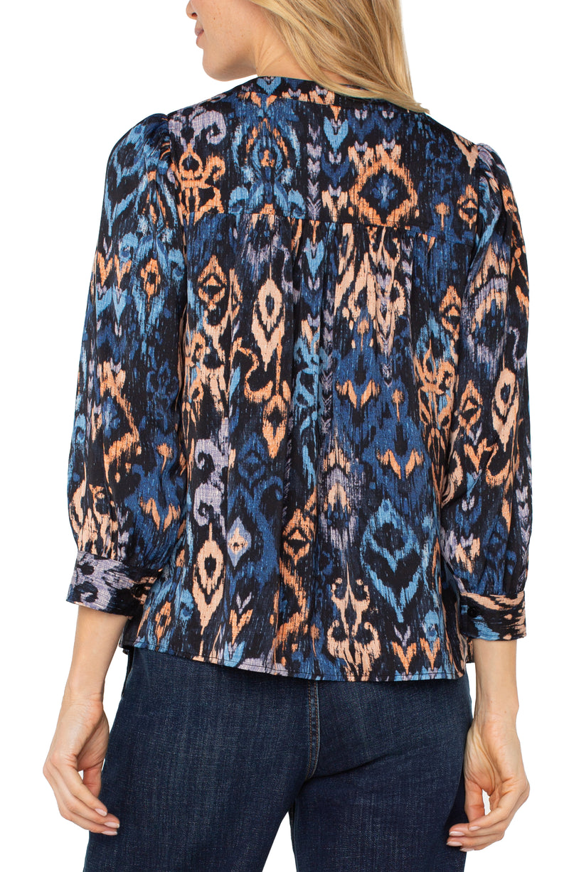 Liverpool 3/4 Sleeve V-Neck Popover Woven Blouse - Blue Multi Ikat