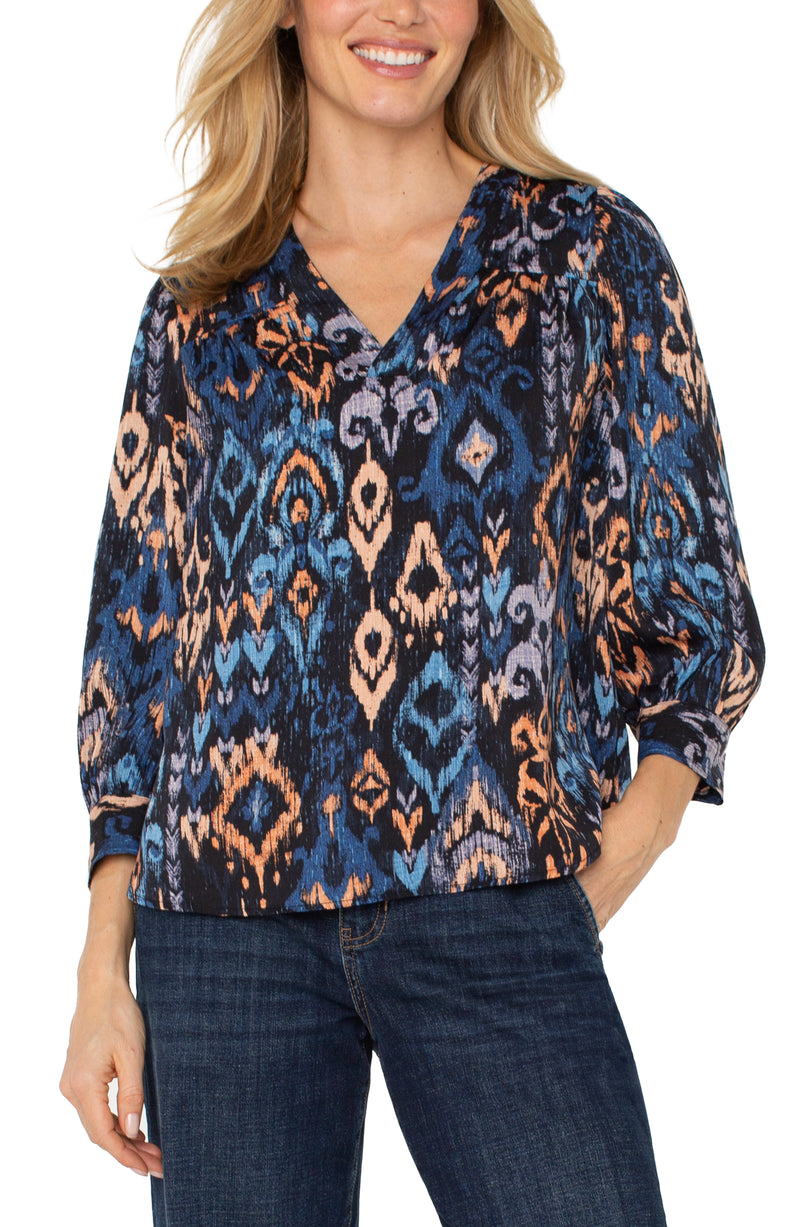 Liverpool 3/4 Sleeve V-Neck Popover Woven Blouse - Blue Multi Ikat