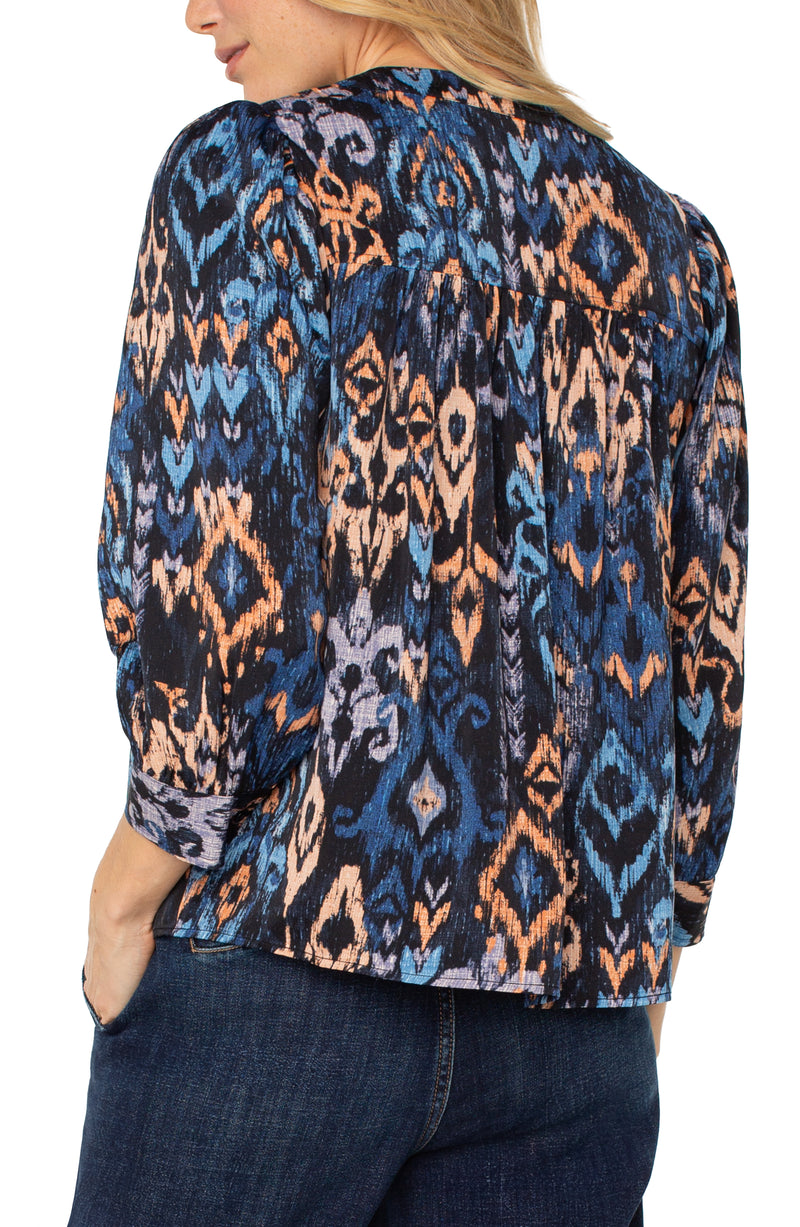 Liverpool 3/4 Sleeve V-Neck Popover Woven Blouse - Blue Multi Ikat
