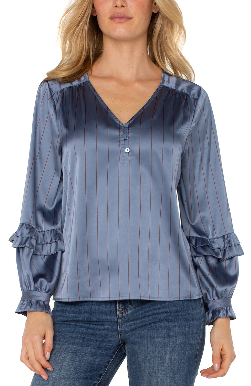 Liverpool Long Sleeve Woven Blouse w/Ruffles - Chambray