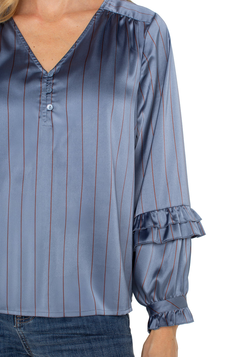 Liverpool Long Sleeve Woven Blouse w/Ruffles - Chambray