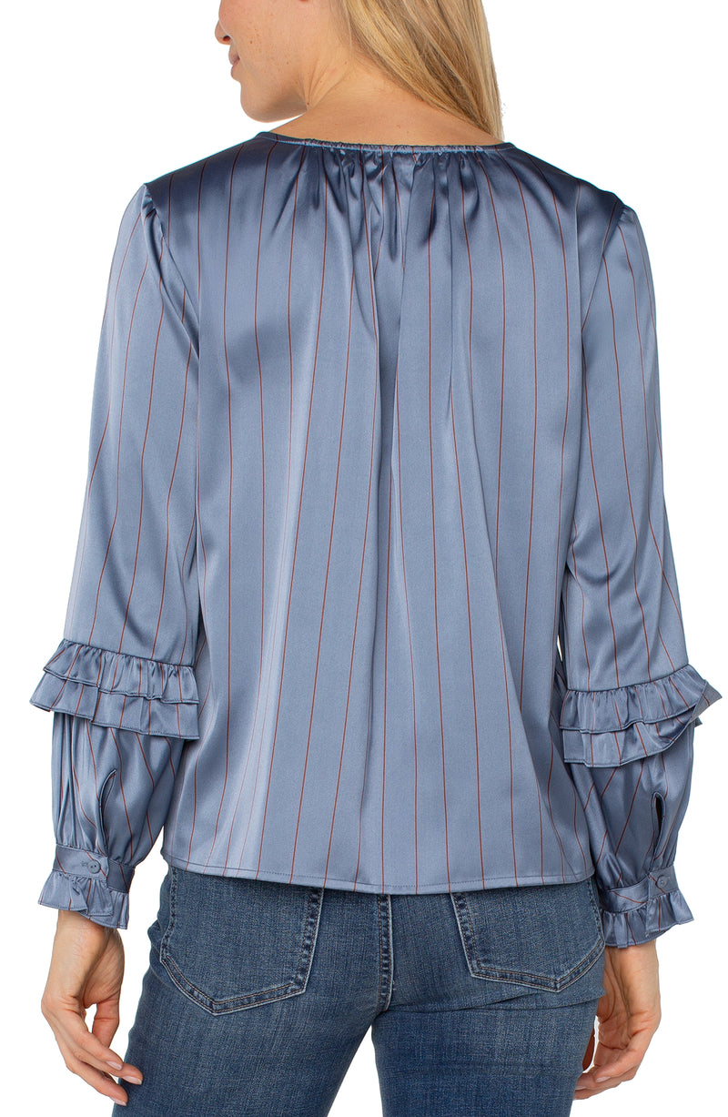 Liverpool Long Sleeve Woven Blouse w/Ruffles - Chambray