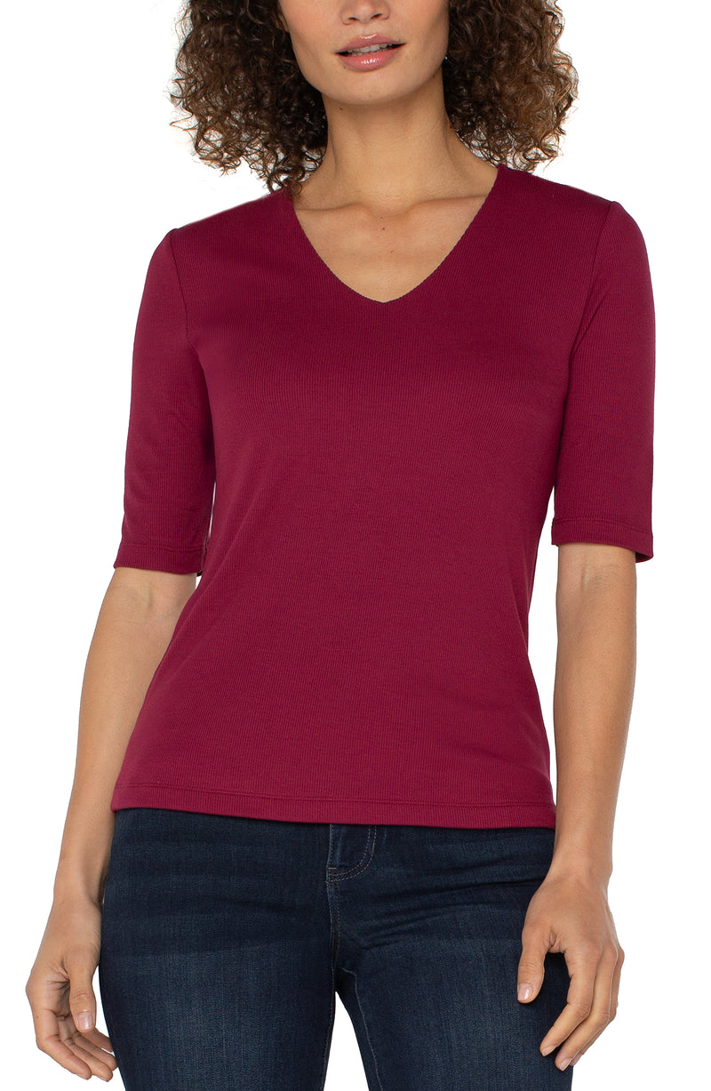 LIVERPOOL - Double Layer V-neck Rib Knit Top - Cherry