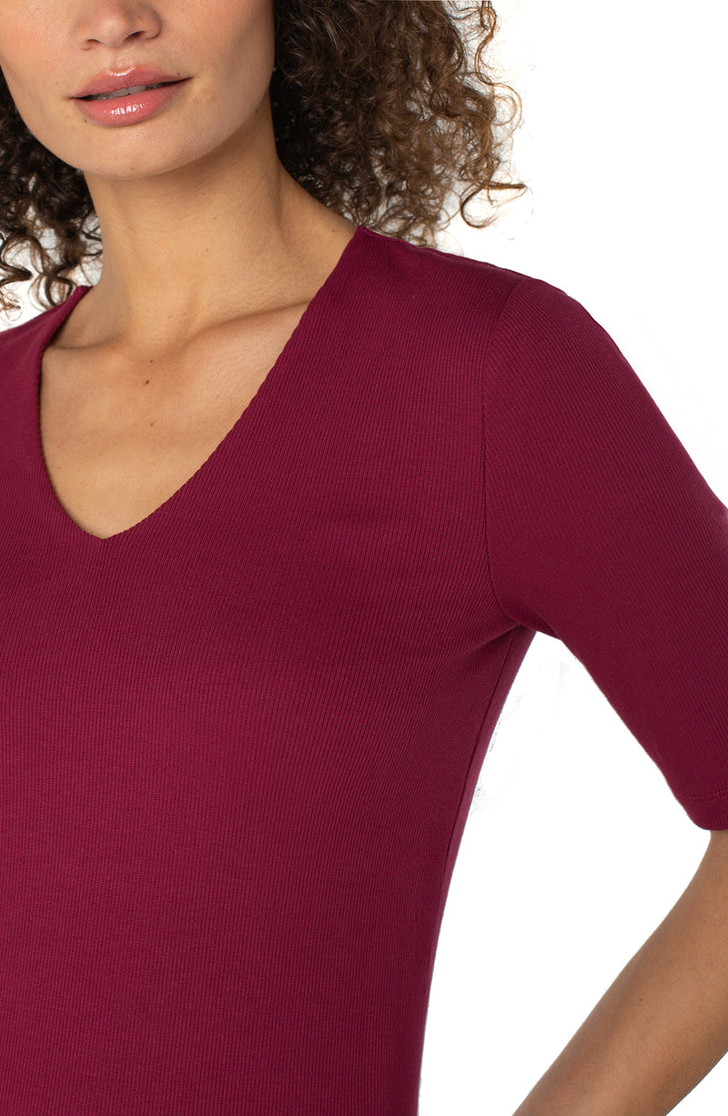 LIVERPOOL - Double Layer V-neck Rib Knit Top - Cherry
