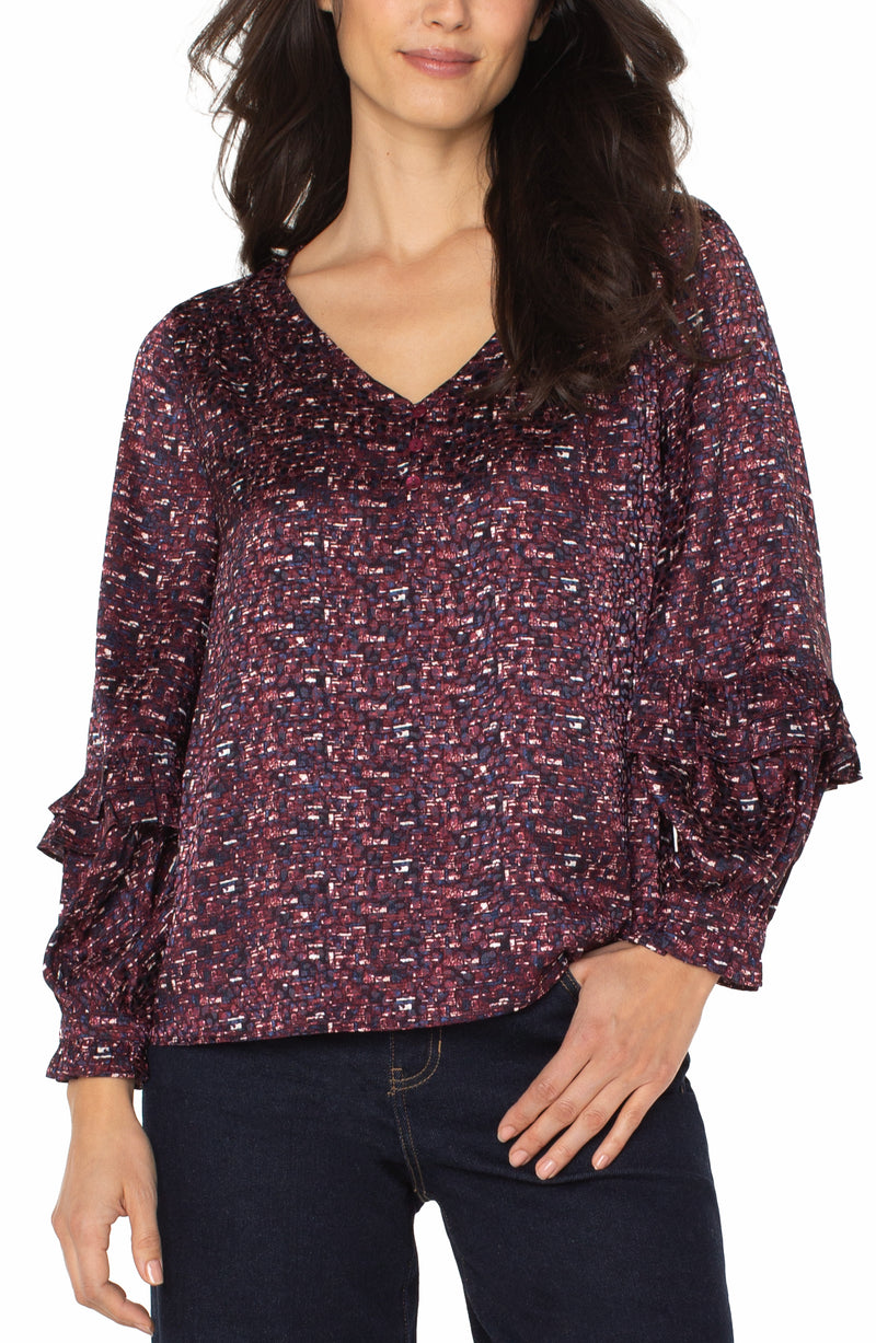 Liverpool Long Sleeve Woven Blouse w/ Ruffles - Burgundy Multi