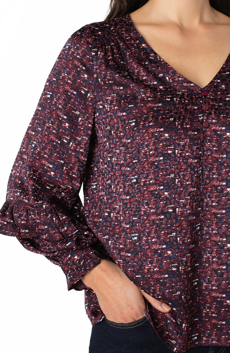 Liverpool Long Sleeve Woven Blouse w/ Ruffles - Burgundy Multi