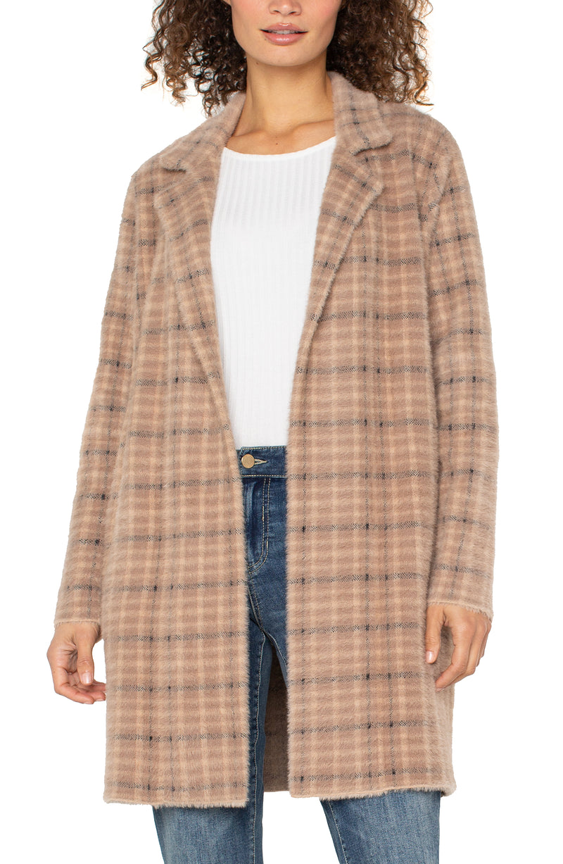 Liverpool Long Sleeve Open Front Sweater Coat - Camel Cream Plaid
