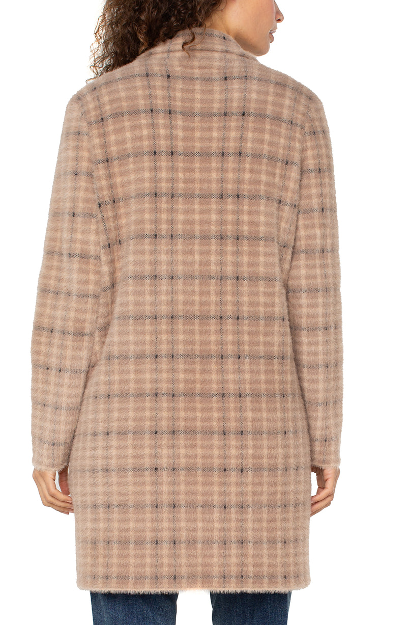 Liverpool Long Sleeve Open Front Sweater Coat - Camel Cream Plaid