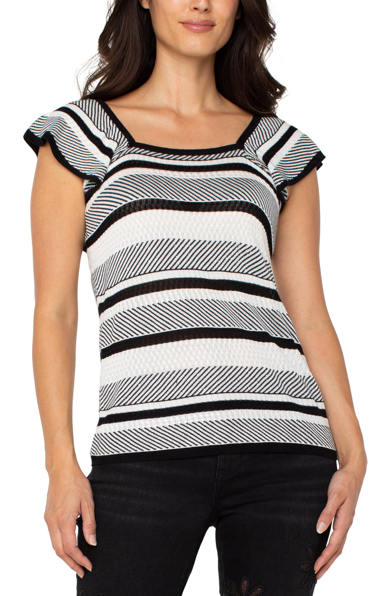 FINAL SALE Liverpool Ruffle Sleeve Sweater Top - Black White Stripe