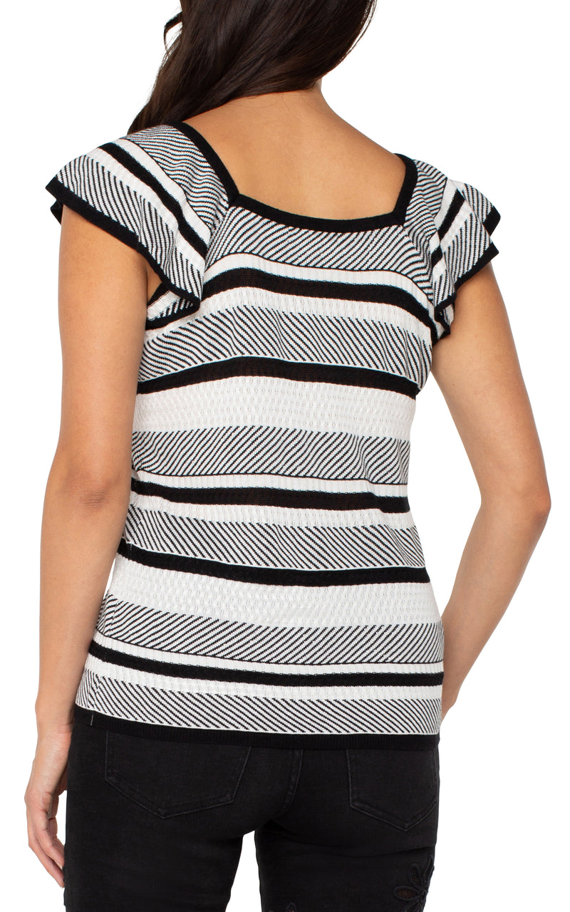 FINAL SALE Liverpool Ruffle Sleeve Sweater Top - Black White Stripe