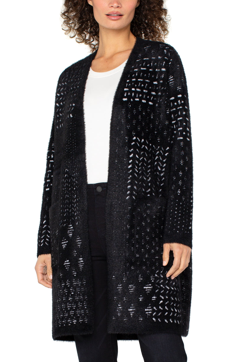 Liverpool Long Sleeve Collarless Open Front Sweater Coat - Black White Patchwork
