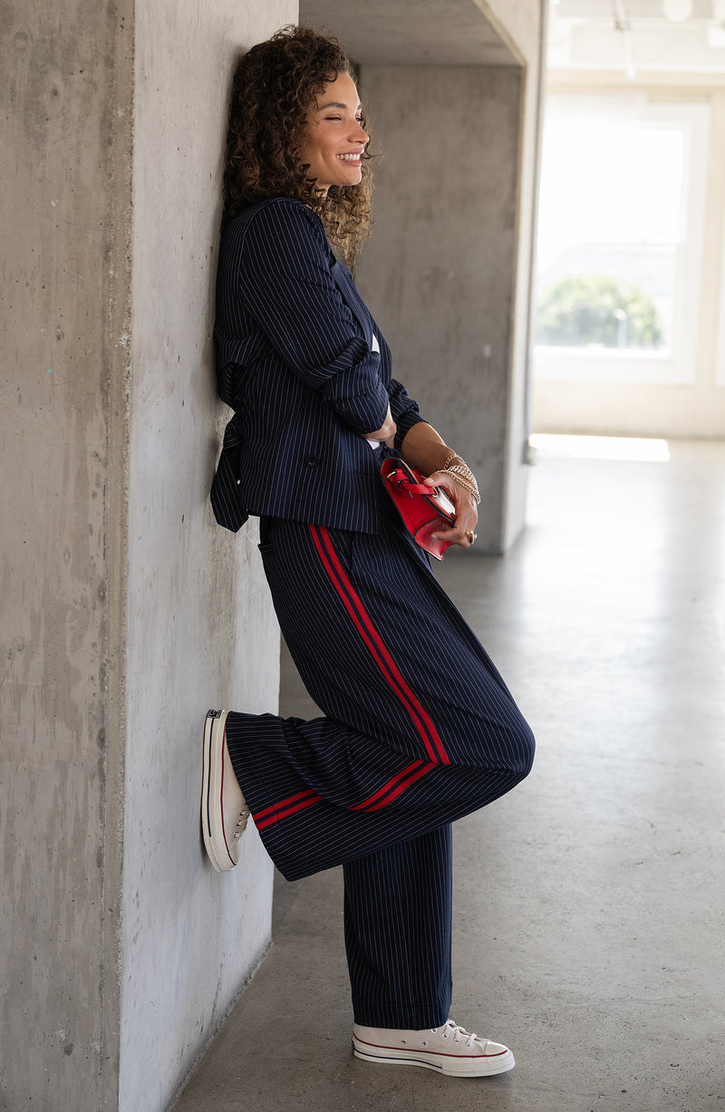 Liverpool Wide Leg Pleated Trouser w/ Side Stripe 30" -  Deep Midnight Stripe