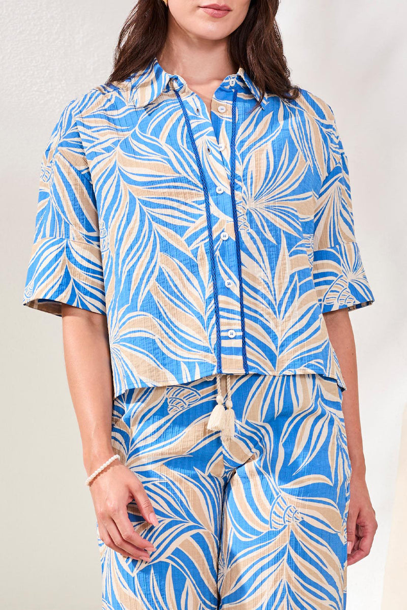 Tribal Printed Loop Stitch Button-Front Camp Shirt - Royal