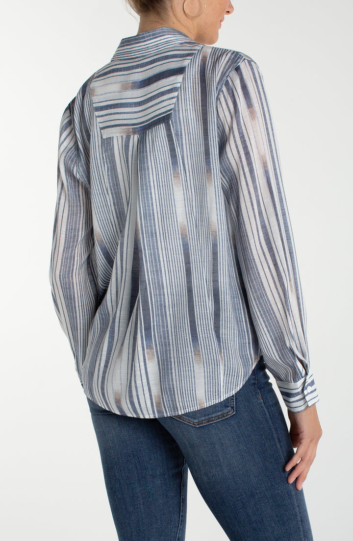 Liverpool Long Sleeve Button Front Woven Shirt w/ Back Seaming - Chambray