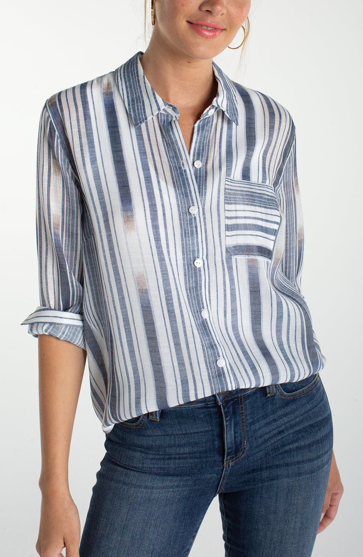 Liverpool Long Sleeve Button Front Woven Shirt w/ Back Seaming - Chambray