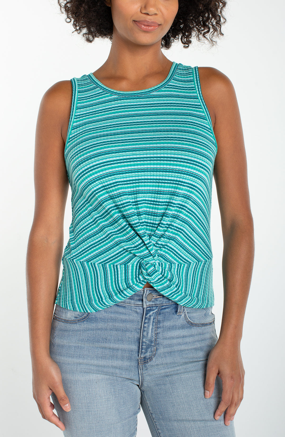 Liverpool Sleeveless Twist Front Knit Top Lagoon Teal Multi