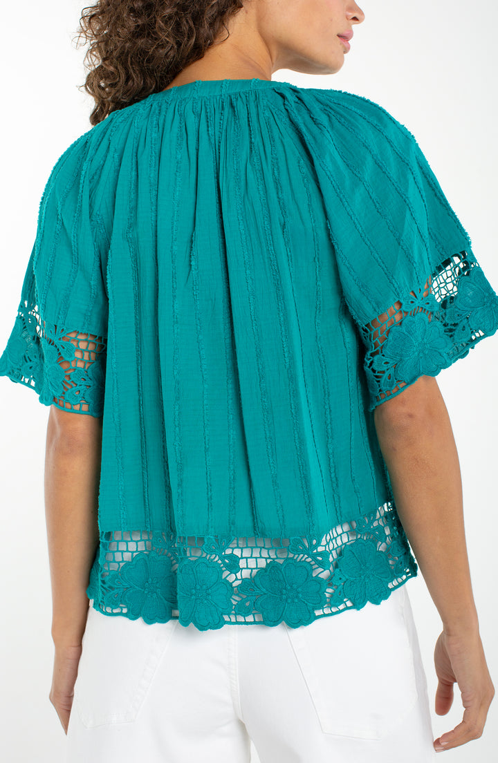 Liverpool Short Sleeve Woven Top With Lace Teal Tide