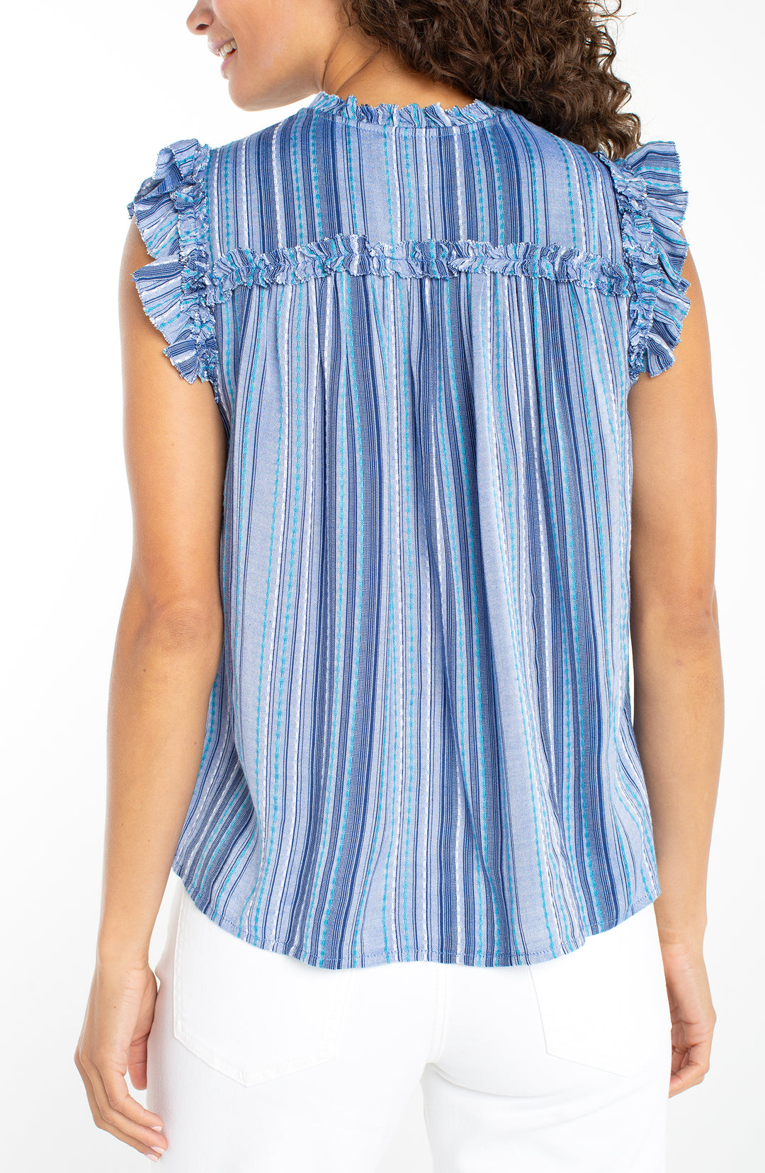Liverpool Flutter Sleeve Woven Top With Ties Chambray Teal Multi