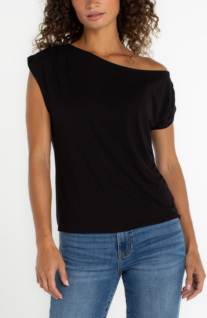 Liverpool Short Sleeve Asymmetrical Off Shoulder Knit Top Black