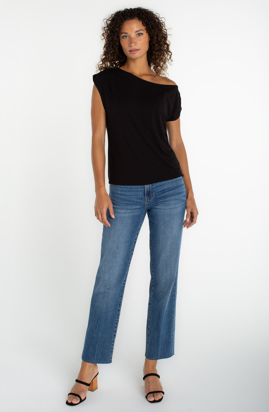 Liverpool Short Sleeve Asymmetrical Off Shoulder Knit Top Black