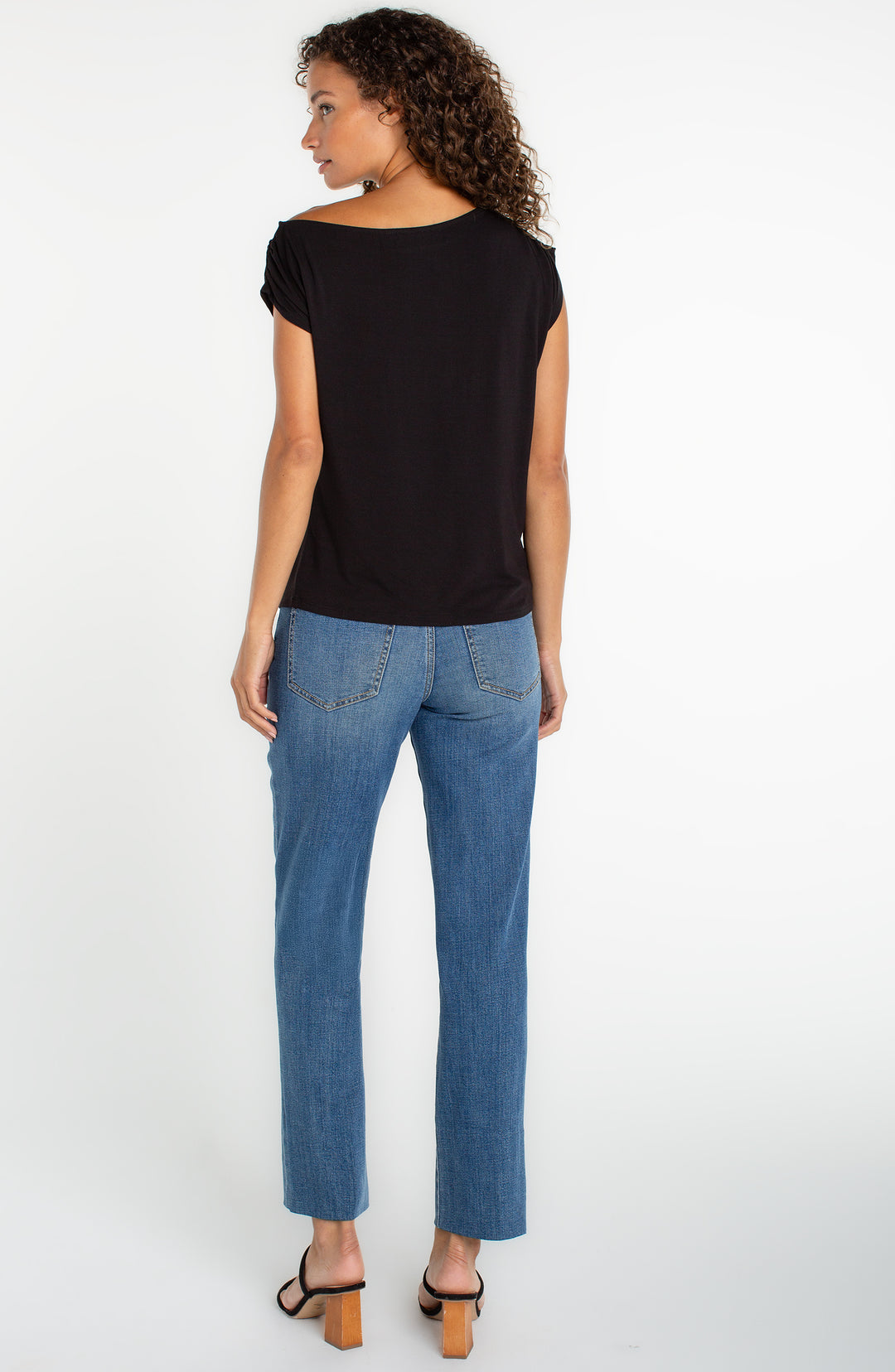 Liverpool Short Sleeve Asymmetrical Off Shoulder Knit Top Black