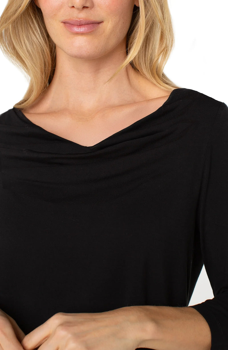 Liverpool 3/4 Sleeve Draped Neck Knit Top - Black