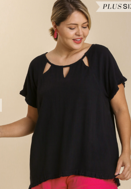 Linen Blend Cutout Top with Frayed Hem - Black - XL-2XL Curvy