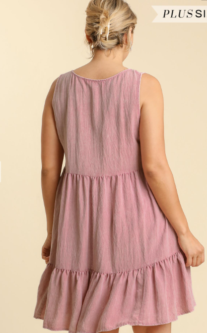 FINAL SALE Washed Sleeveless Tiered Dress - Mauve - Small - 2XL Curvy