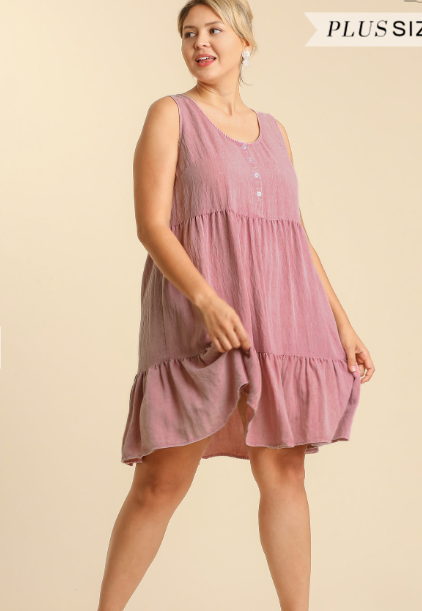 FINAL SALE Washed Sleeveless Tiered Dress - Mauve - Small - 2XL Curvy