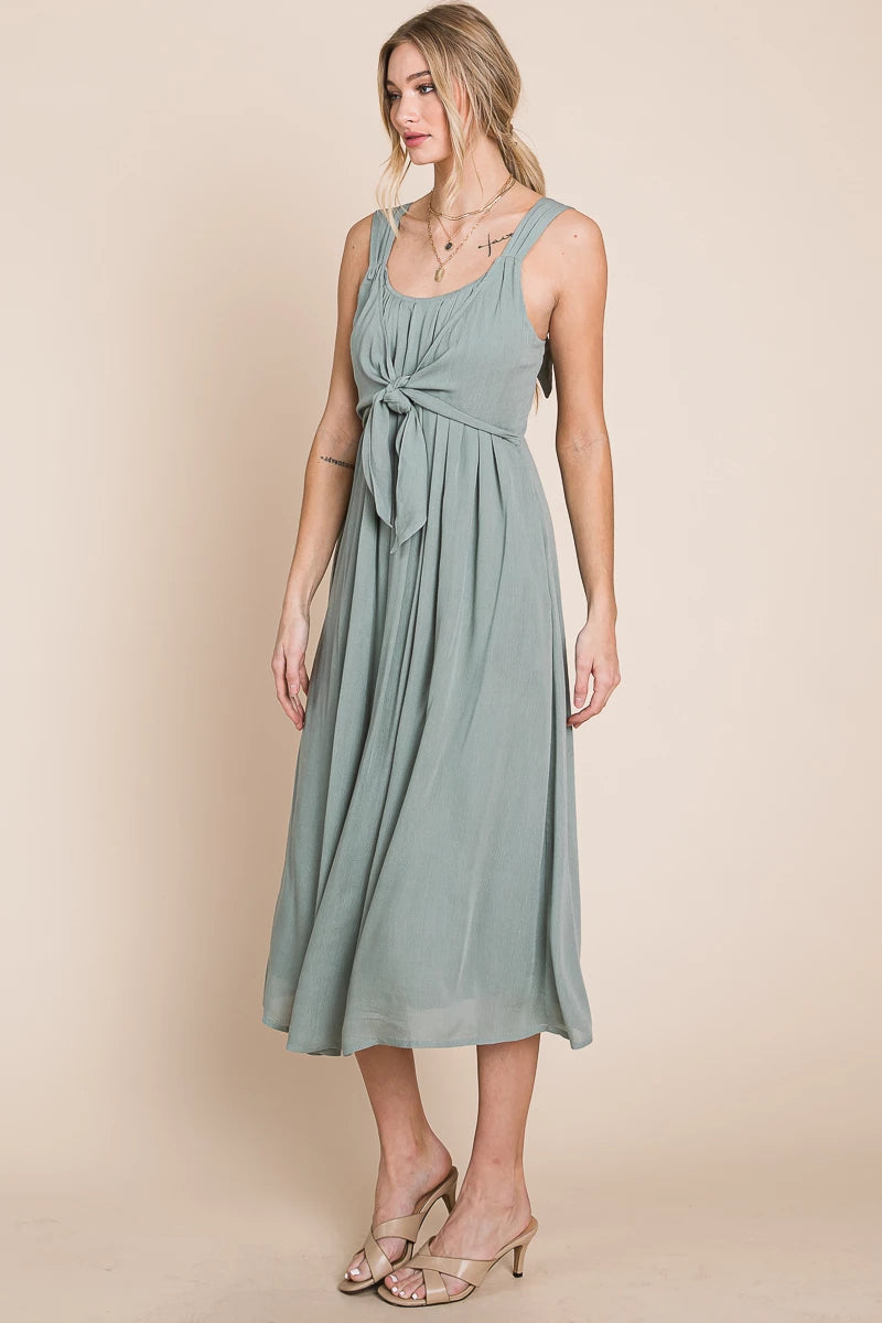 FINAL SALE Gauze Midi Dress with Front Tie Detail - Dusty Sage