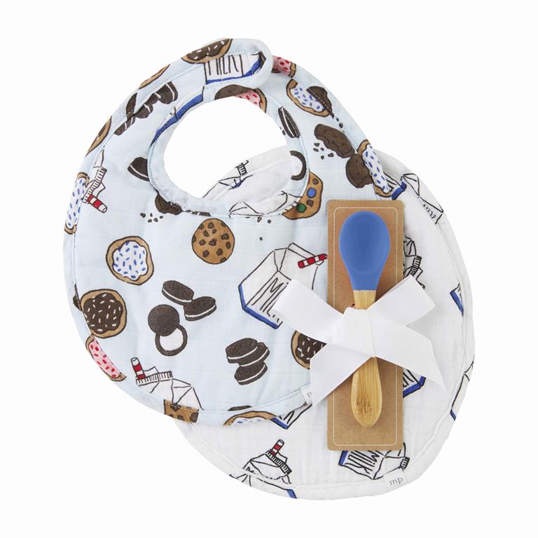 FINAL SALE Mud Pie Cookies & Milk Bib & Spoon Set - Blue