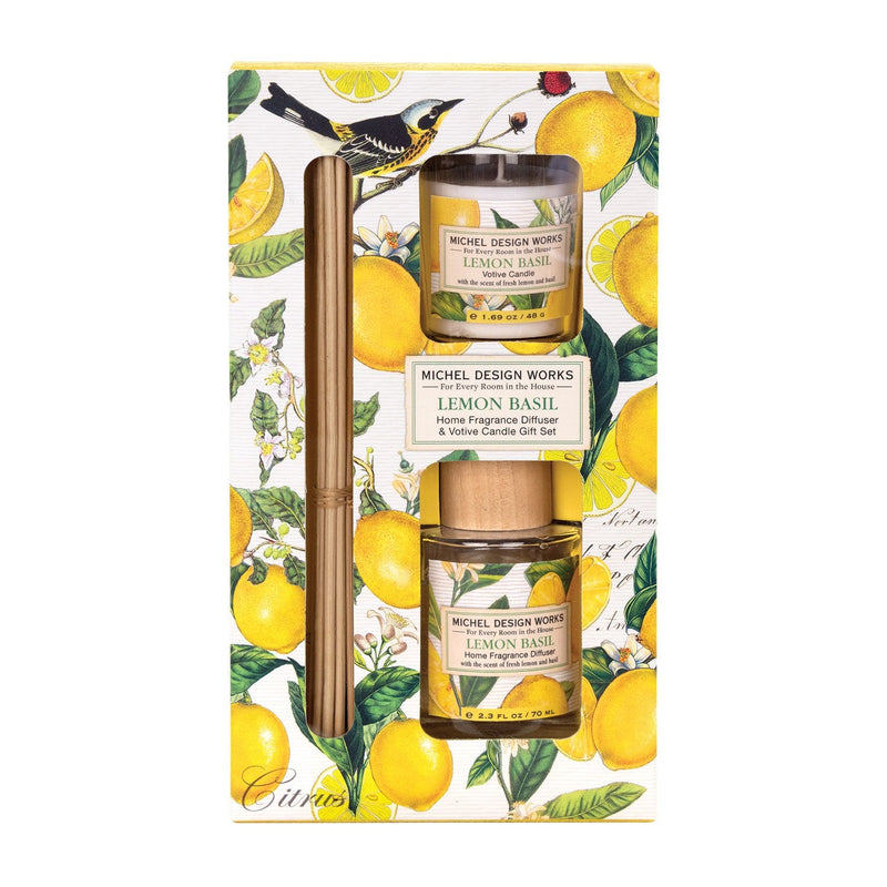 Michel Design Works Lemon Basil Home Fragrance Diffuser & Votive Candle Gift Set