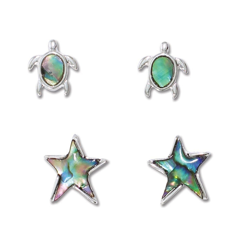 Periwinkle Earrings - Abalone Turtle & Starfish Set