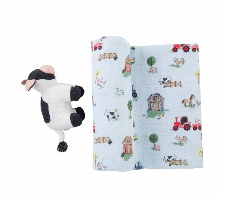 FINAL SALE Mud Pie Cow Swaddle Blanket And Rattle