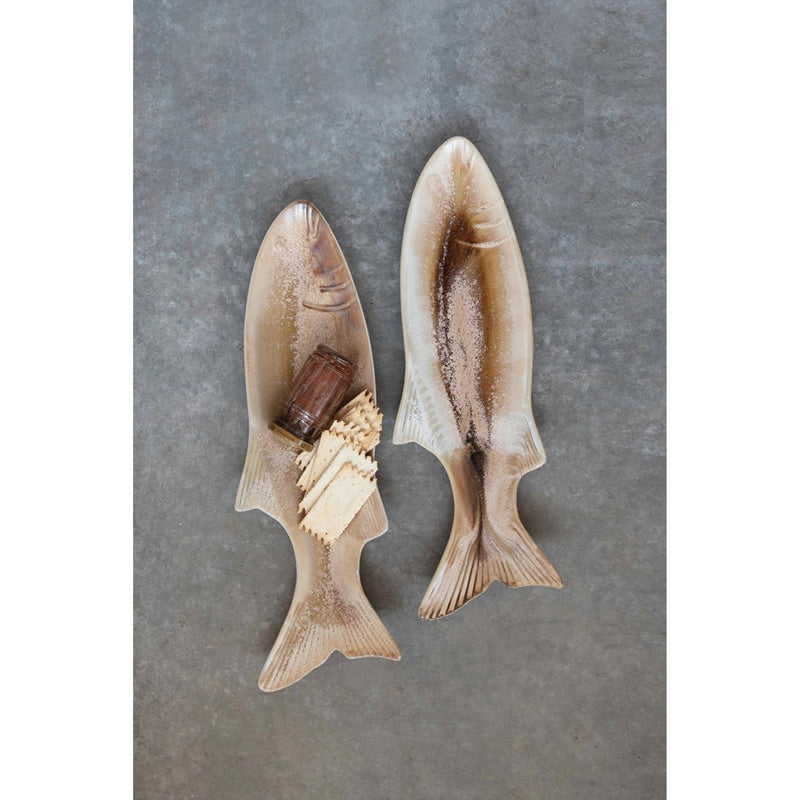 FINAL SALE 16-1/2"L x 5"W Stoneware Fish Shaped Dish, Reactive Glaze (Each One Will Vary)