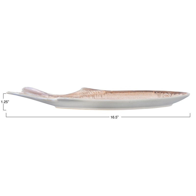FINAL SALE 16-1/2"L x 5"W Stoneware Fish Shaped Dish, Reactive Glaze (Each One Will Vary)