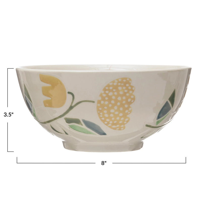 FINAL SALE Hand-Painted Stoneware Bowl w/ Wax Relief Flowers