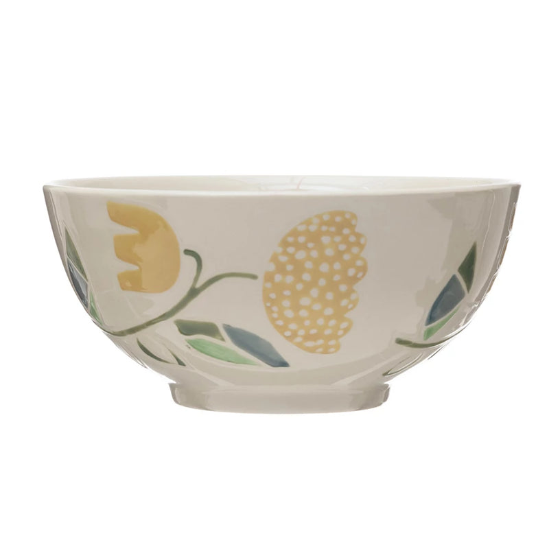 FINAL SALE Hand-Painted Stoneware Bowl w/ Wax Relief Flowers