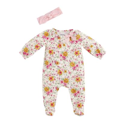 FINAL SALE Mud Pie Infant Fall Pink Floral Footed Sleeper & Headband