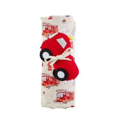 FINAL SALE Mud Pie Fire Truck Swaddle Blanket And Rattle