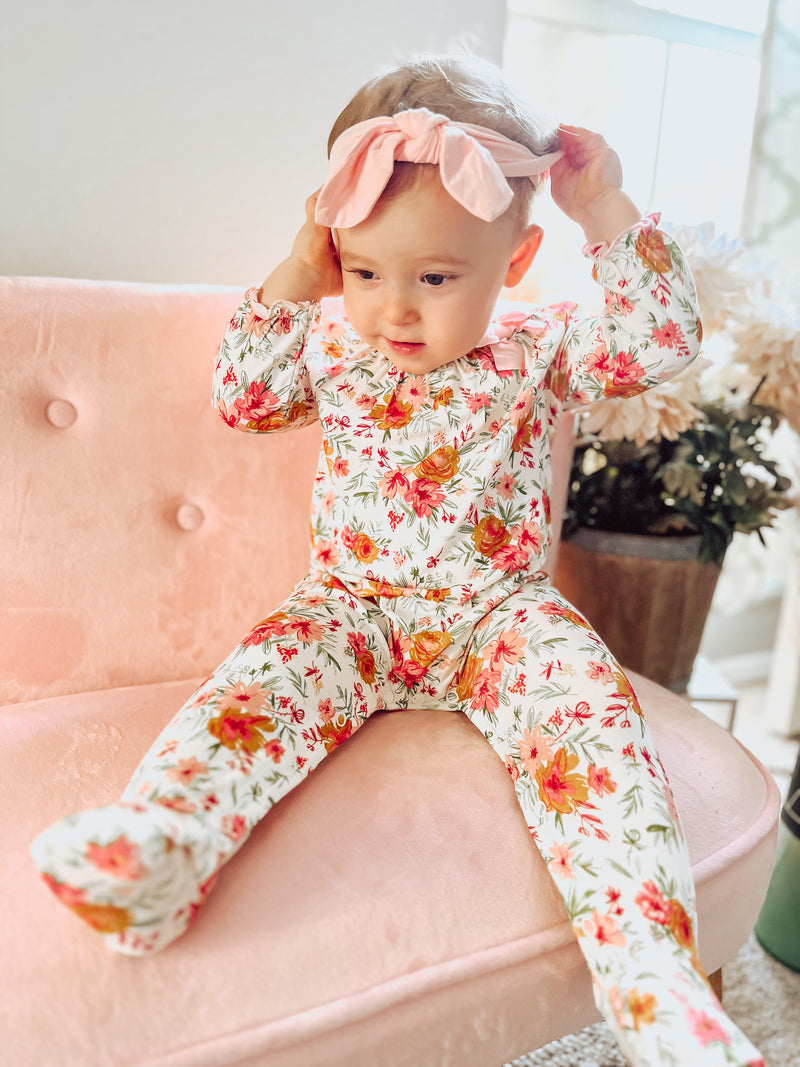 FINAL SALE Mud Pie Infant Fall Pink Floral Footed Sleeper & Headband