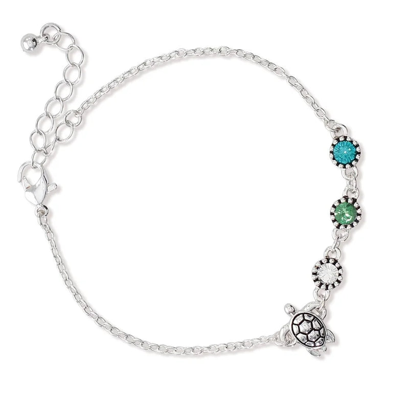 Periwinkle Bracelet - Turtle With Multi Stones - Green And Blue Crystals